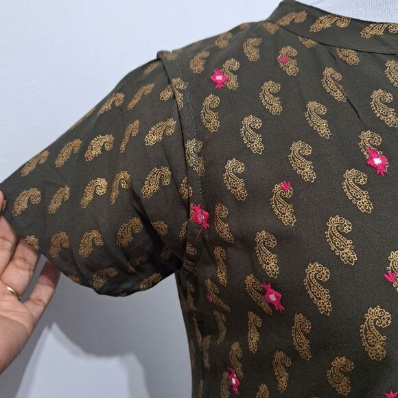 Fusion Printed Cultural Boho Tiered Paisley Midi Dress Olive/Pink Medium NWT - Picture 13 of 14